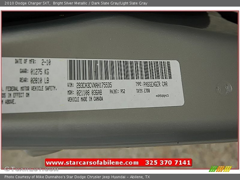 Bright Silver Metallic / Dark Slate Gray/Light Slate Gray 2010 Dodge Charger SXT