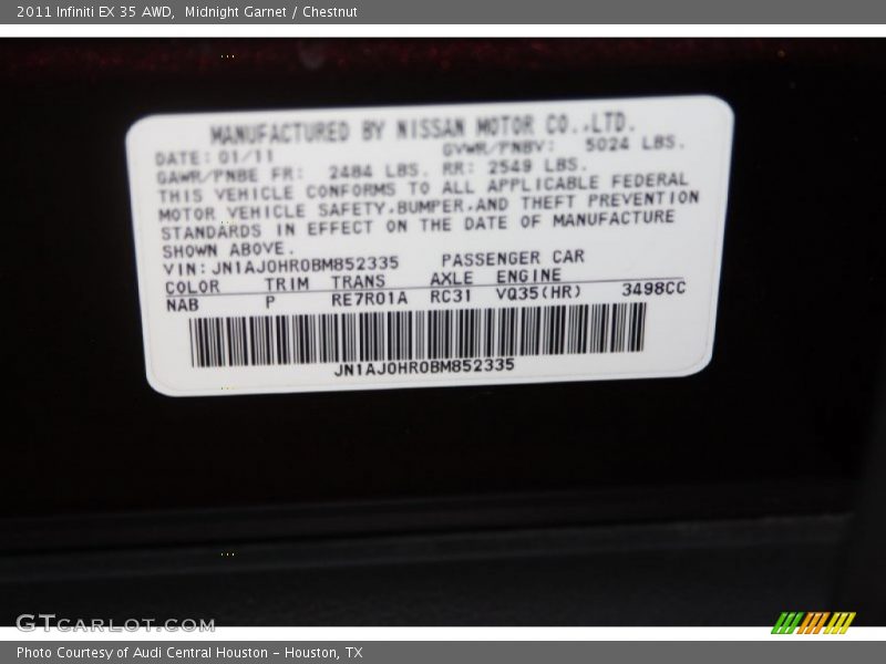 2011 EX 35 AWD Midnight Garnet Color Code NAB