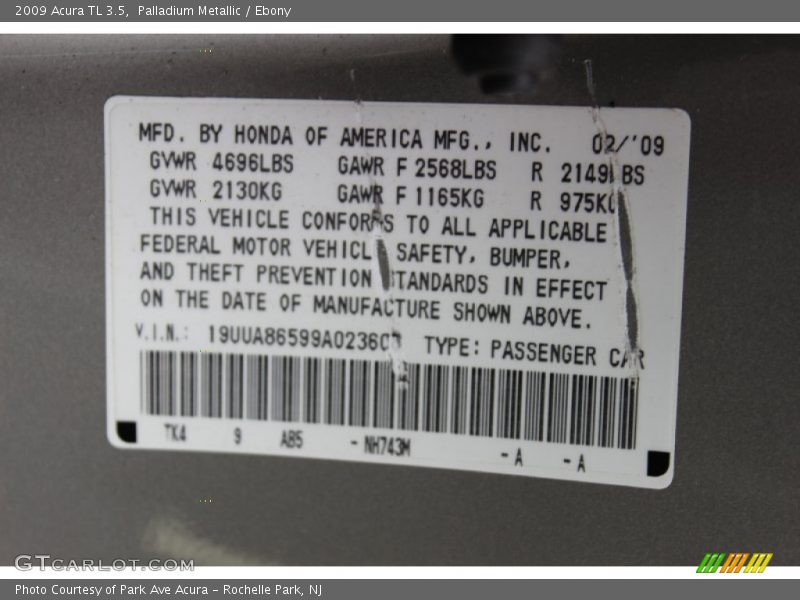 Palladium Metallic / Ebony 2009 Acura TL 3.5