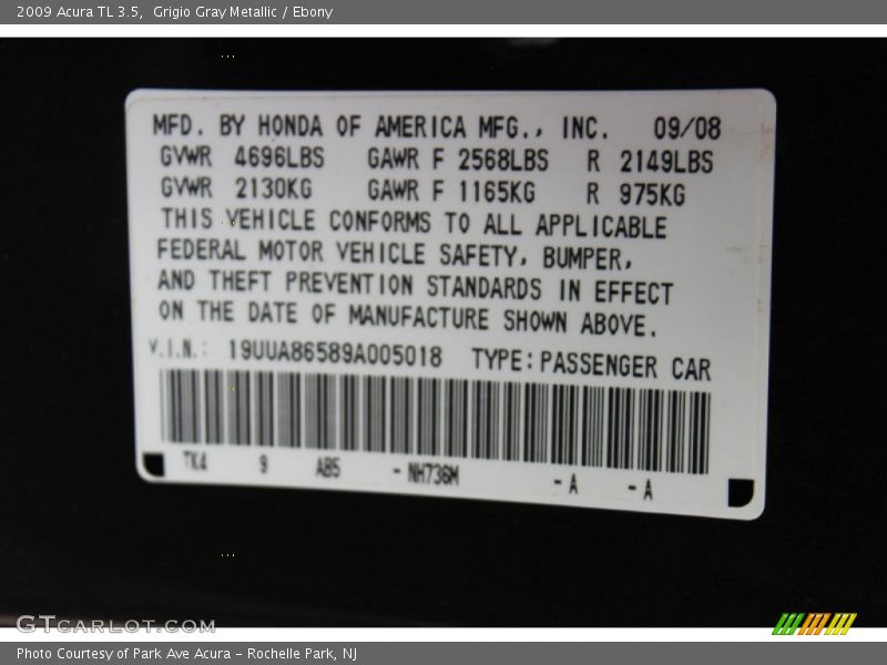 2009 TL 3.5 Grigio Gray Metallic Color Code NH736M