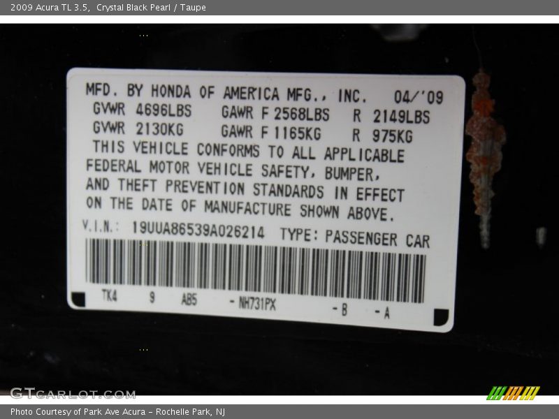 Crystal Black Pearl / Taupe 2009 Acura TL 3.5