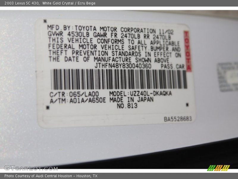 2003 SC 430 White Gold Crystal Color Code 065