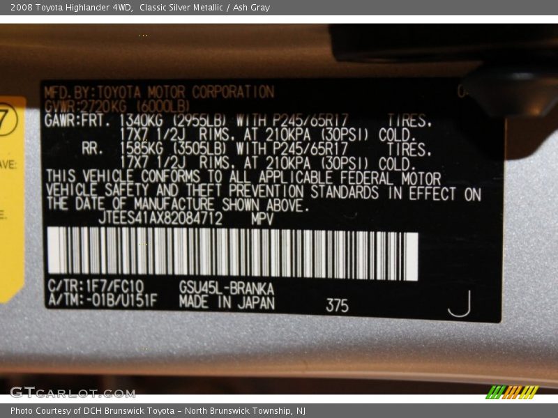 Classic Silver Metallic / Ash Gray 2008 Toyota Highlander 4WD
