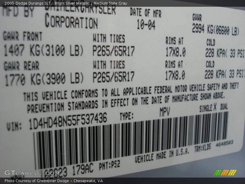 Bright Silver Metallic / Medium Slate Gray 2005 Dodge Durango SLT