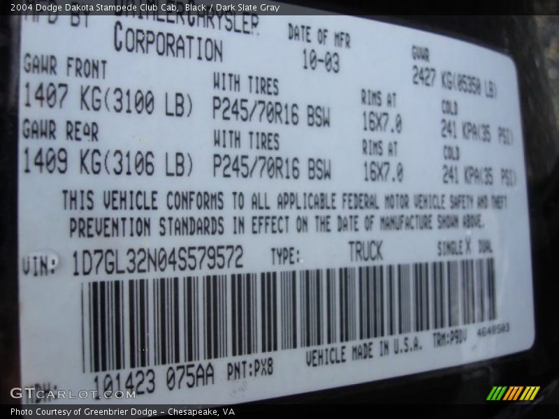 2004 Dakota Stampede Club Cab Black Color Code PX8