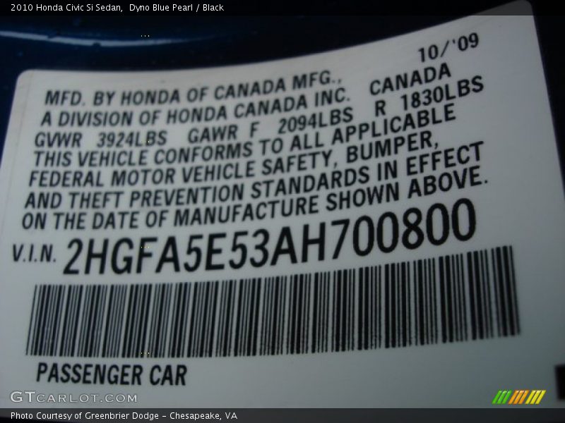 Dyno Blue Pearl / Black 2010 Honda Civic Si Sedan