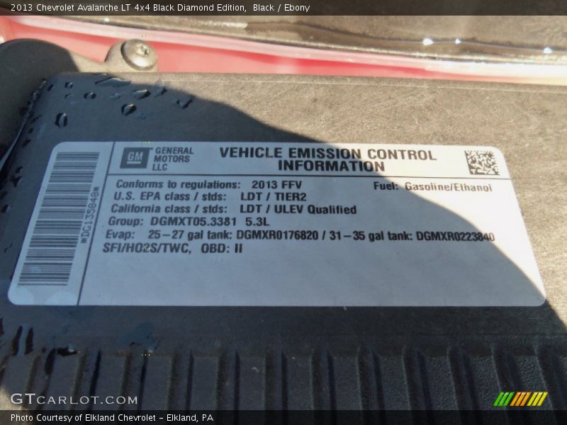 Info Tag of 2013 Avalanche LT 4x4 Black Diamond Edition