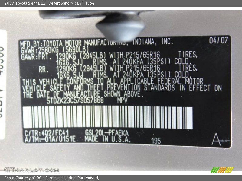 Desert Sand Mica / Taupe 2007 Toyota Sienna LE