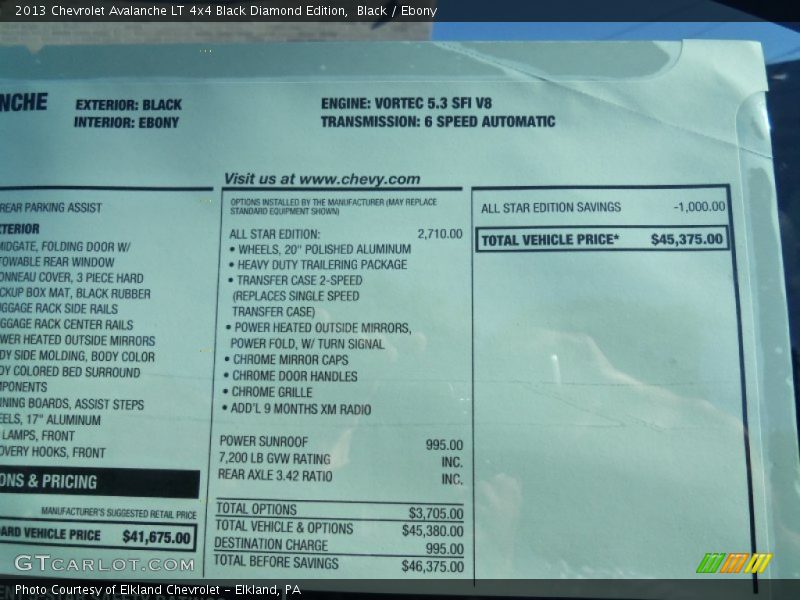  2013 Avalanche LT 4x4 Black Diamond Edition Window Sticker