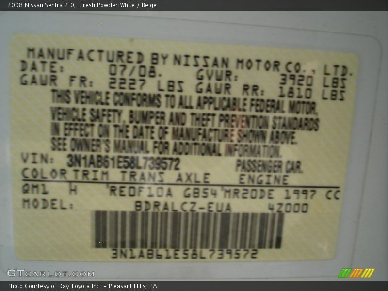 Fresh Powder White / Beige 2008 Nissan Sentra 2.0