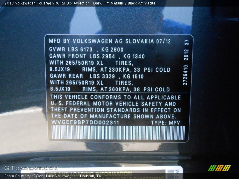 Dark Flint Metallic / Black Anthracite 2013 Volkswagen Touareg VR6 FSI Lux 4XMotion