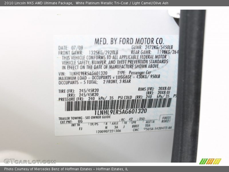 White Platinum Metallic Tri-Coat / Light Camel/Olive Ash 2010 Lincoln MKS AWD Ultimate Package