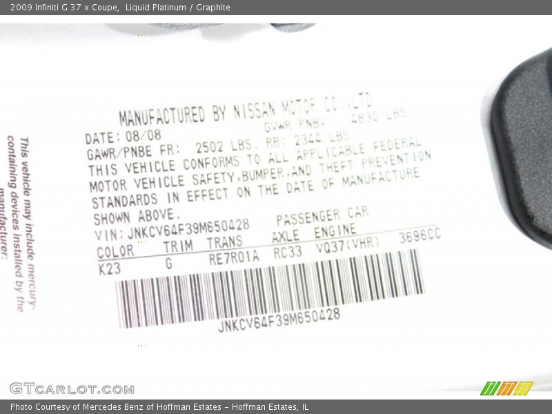 Liquid Platinum / Graphite 2009 Infiniti G 37 x Coupe