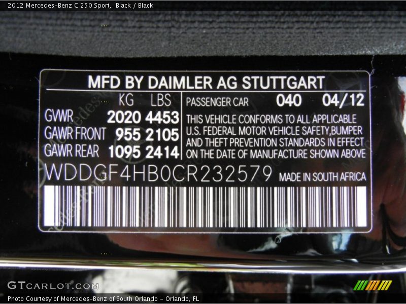 Black / Black 2012 Mercedes-Benz C 250 Sport