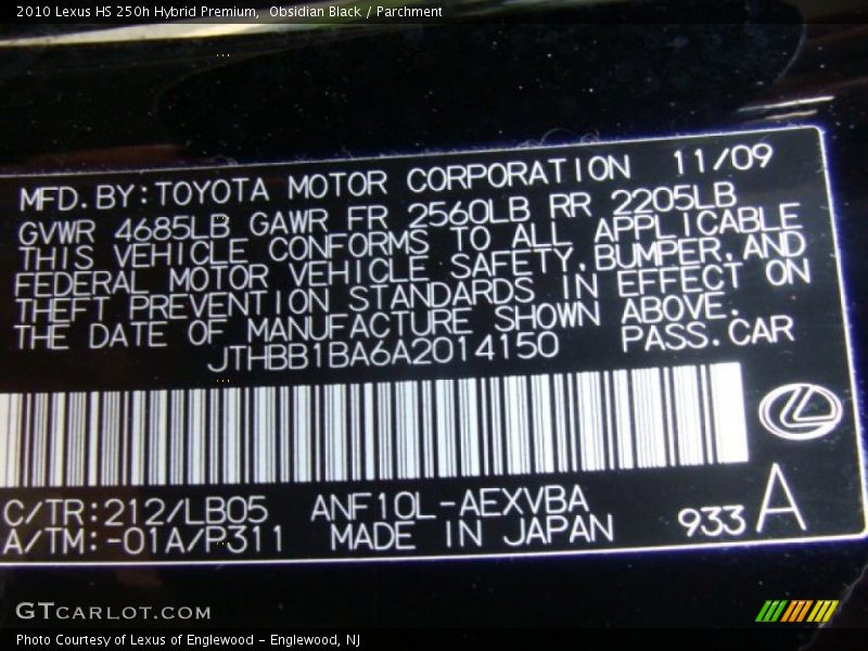 Obsidian Black / Parchment 2010 Lexus HS 250h Hybrid Premium