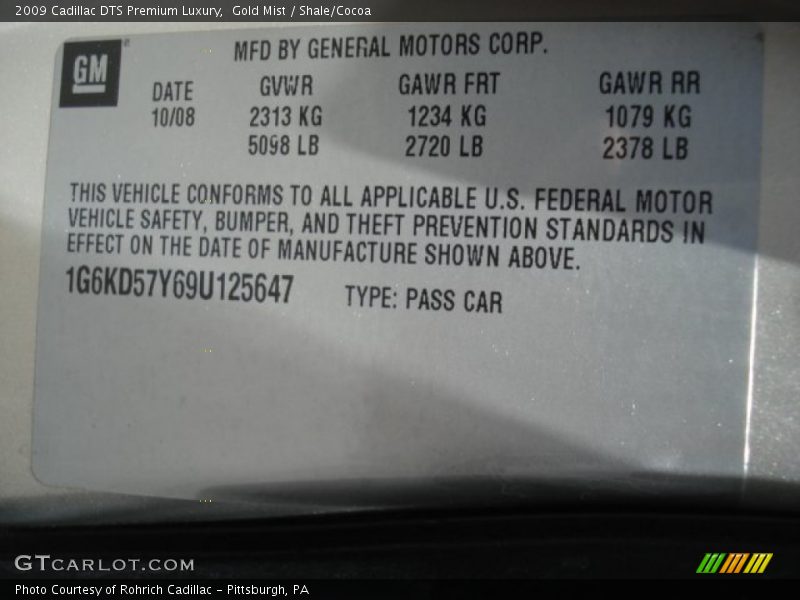 Gold Mist / Shale/Cocoa 2009 Cadillac DTS Premium Luxury