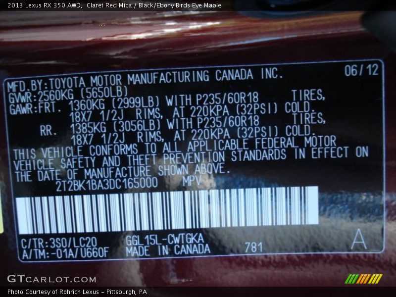 Claret Red Mica / Black/Ebony Birds Eye Maple 2013 Lexus RX 350 AWD