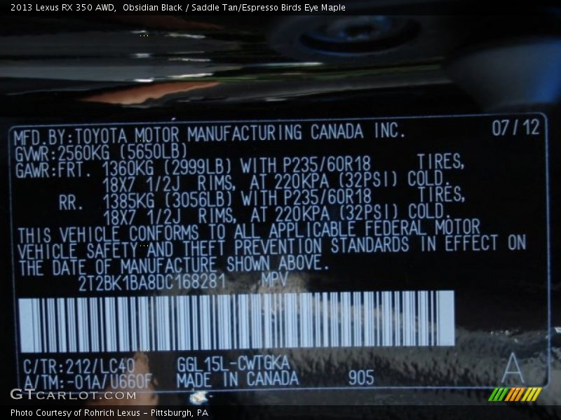 Obsidian Black / Saddle Tan/Espresso Birds Eye Maple 2013 Lexus RX 350 AWD