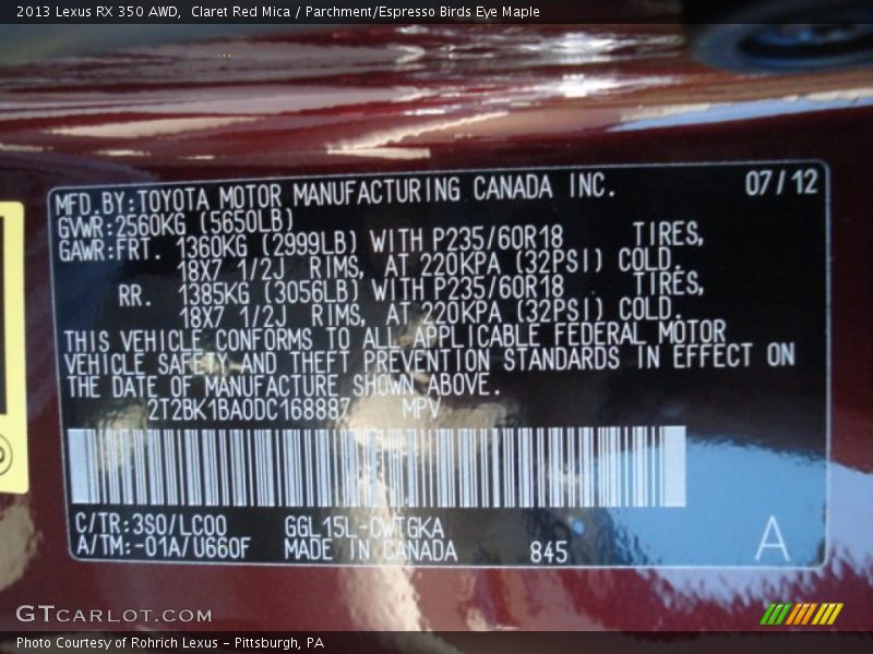 Claret Red Mica / Parchment/Espresso Birds Eye Maple 2013 Lexus RX 350 AWD
