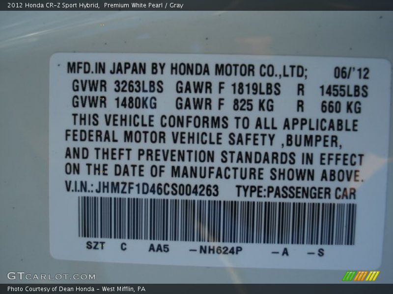 2012 CR-Z Sport Hybrid Premium White Pearl Color Code NH624P