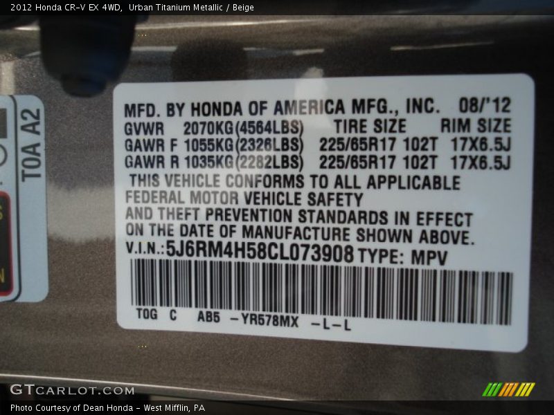 2012 CR-V EX 4WD Urban Titanium Metallic Color Code YR578MX