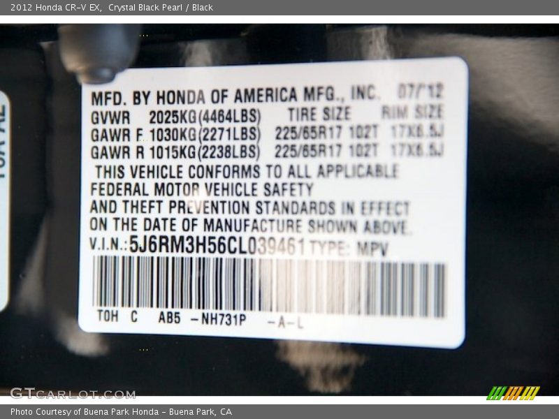 Crystal Black Pearl / Black 2012 Honda CR-V EX