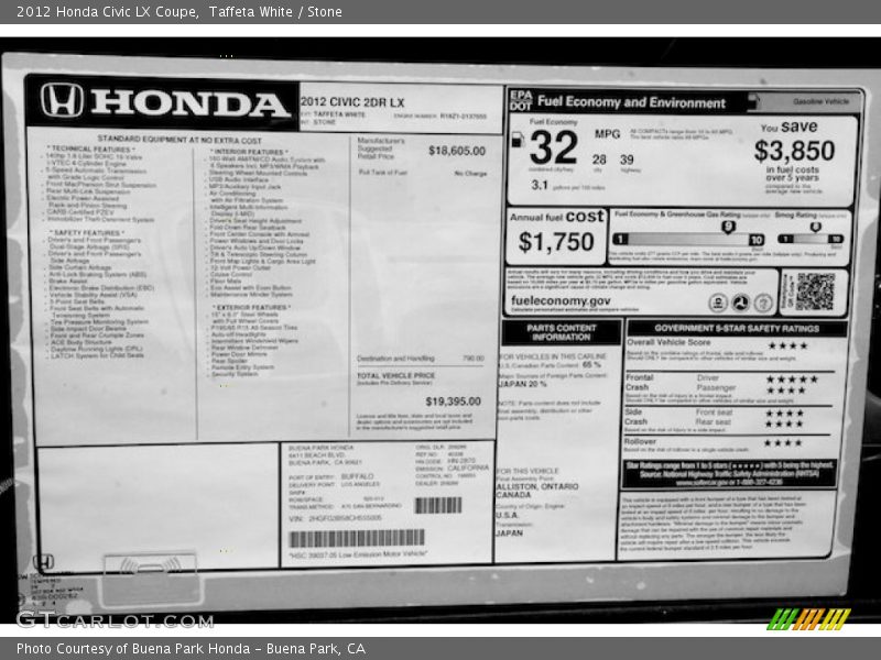 Taffeta White / Stone 2012 Honda Civic LX Coupe