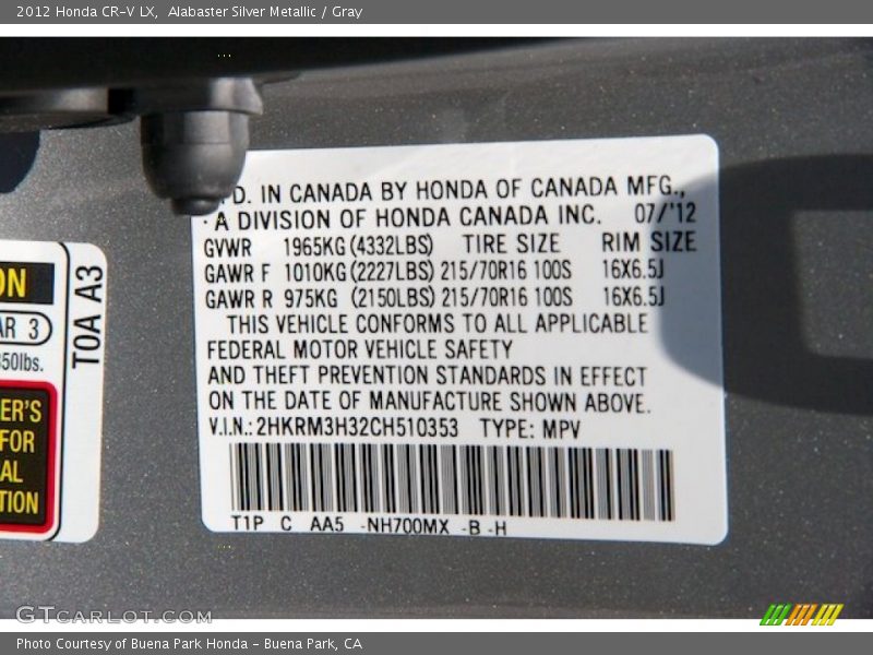 Alabaster Silver Metallic / Gray 2012 Honda CR-V LX