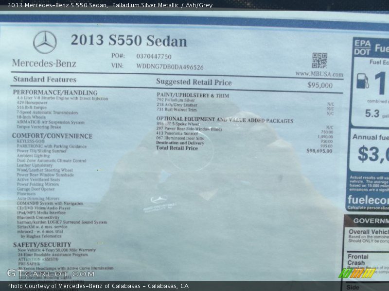  2013 S 550 Sedan Window Sticker