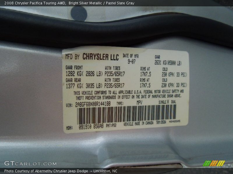 Bright Silver Metallic / Pastel Slate Gray 2008 Chrysler Pacifica Touring AWD