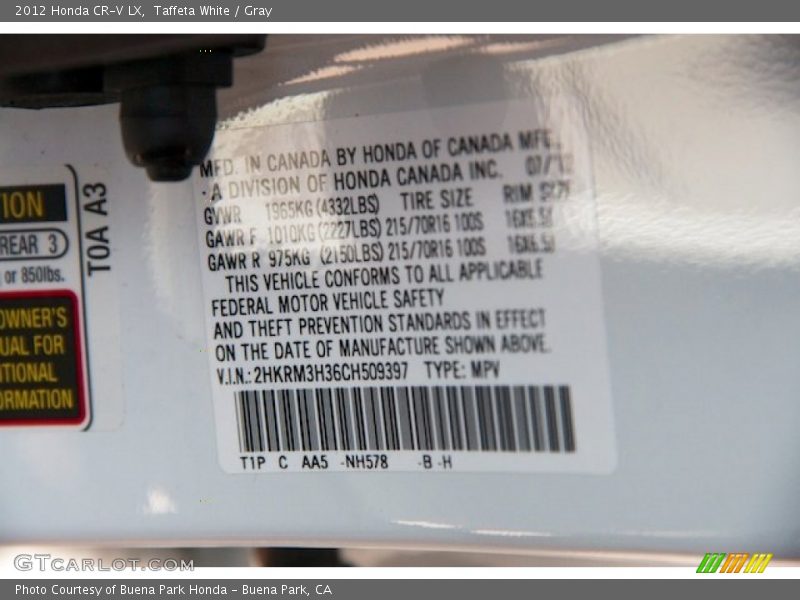 Taffeta White / Gray 2012 Honda CR-V LX