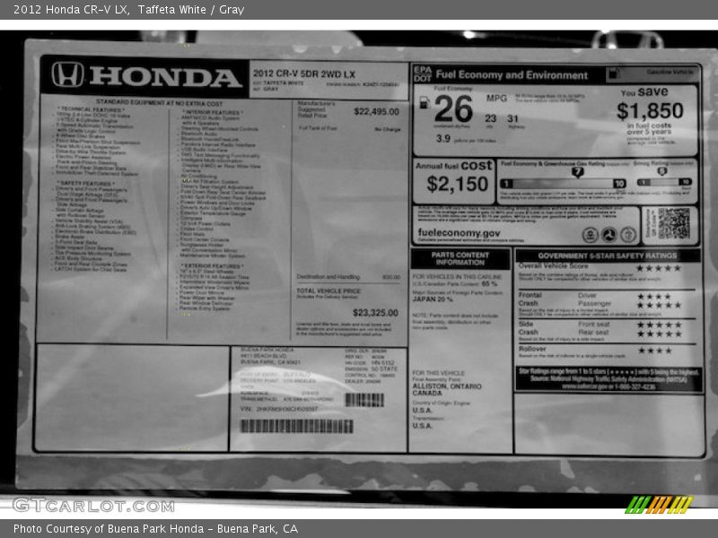 Taffeta White / Gray 2012 Honda CR-V LX