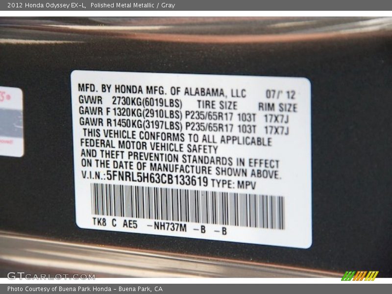 Polished Metal Metallic / Gray 2012 Honda Odyssey EX-L