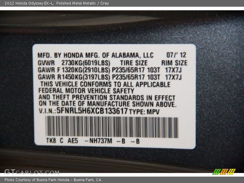 Polished Metal Metallic / Gray 2012 Honda Odyssey EX-L