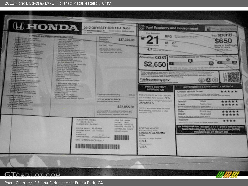 Polished Metal Metallic / Gray 2012 Honda Odyssey EX-L