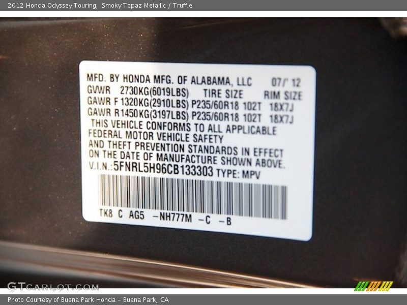 Smoky Topaz Metallic / Truffle 2012 Honda Odyssey Touring