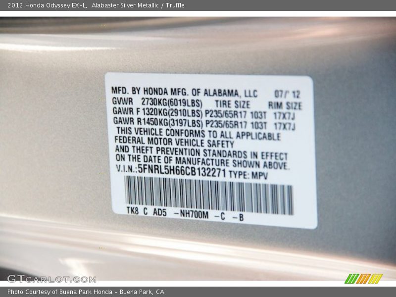 Alabaster Silver Metallic / Truffle 2012 Honda Odyssey EX-L