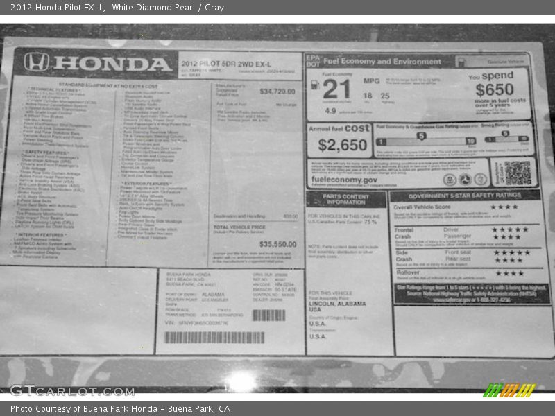 White Diamond Pearl / Gray 2012 Honda Pilot EX-L