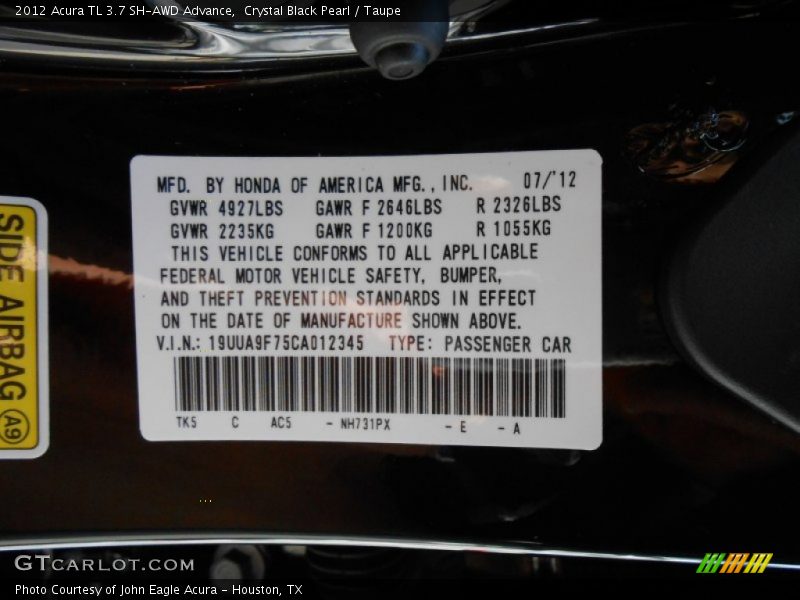 2012 TL 3.7 SH-AWD Advance Crystal Black Pearl Color Code NH731PX