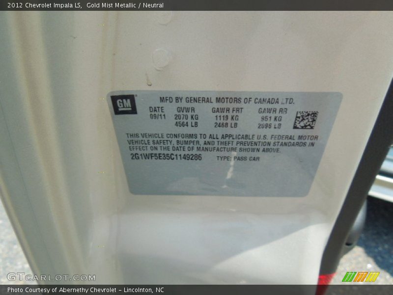 Gold Mist Metallic / Neutral 2012 Chevrolet Impala LS