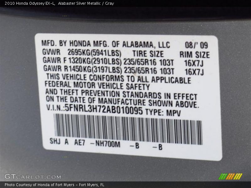 Alabaster Silver Metallic / Gray 2010 Honda Odyssey EX-L