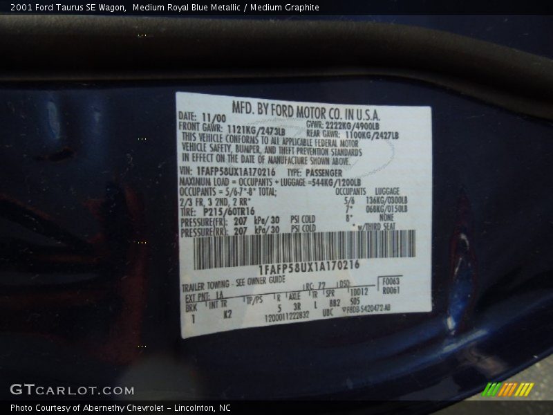 2001 Taurus SE Wagon Medium Royal Blue Metallic Color Code LA