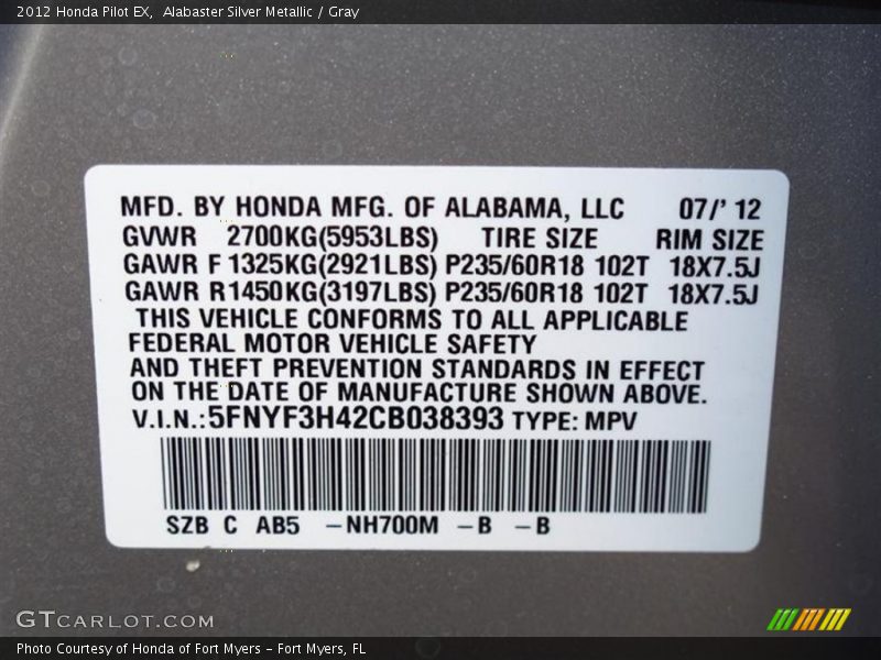 Alabaster Silver Metallic / Gray 2012 Honda Pilot EX