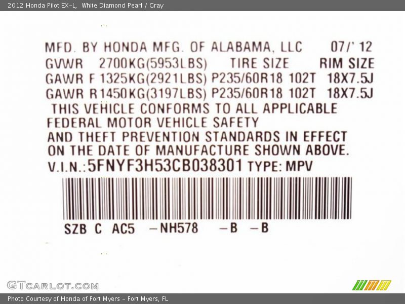White Diamond Pearl / Gray 2012 Honda Pilot EX-L