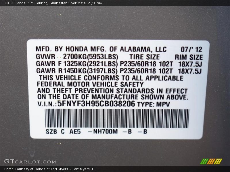Alabaster Silver Metallic / Gray 2012 Honda Pilot Touring