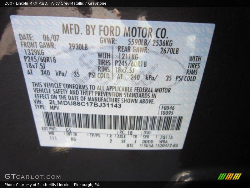 Alloy Grey Metallic / Greystone 2007 Lincoln MKX AWD