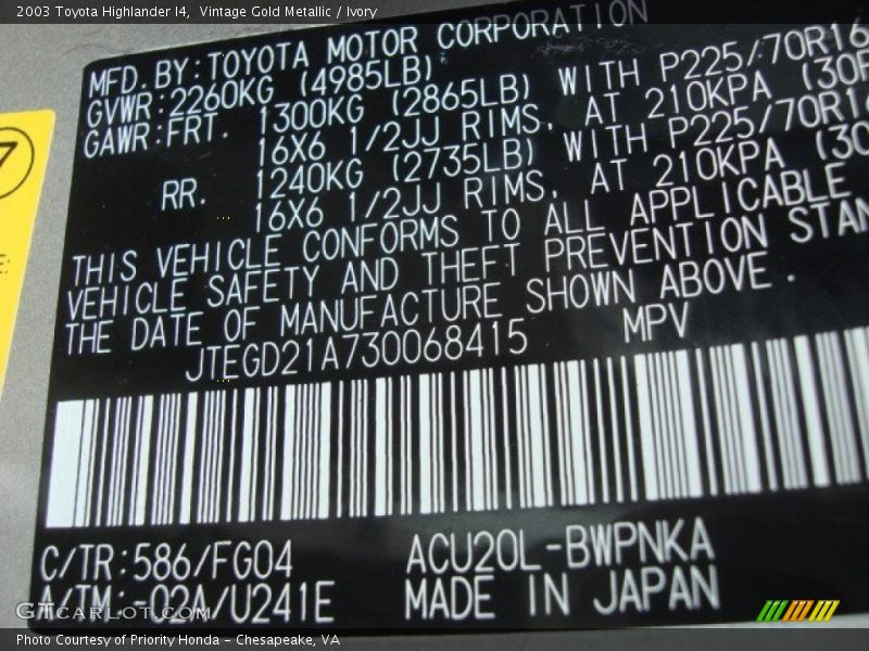 Vintage Gold Metallic / Ivory 2003 Toyota Highlander I4