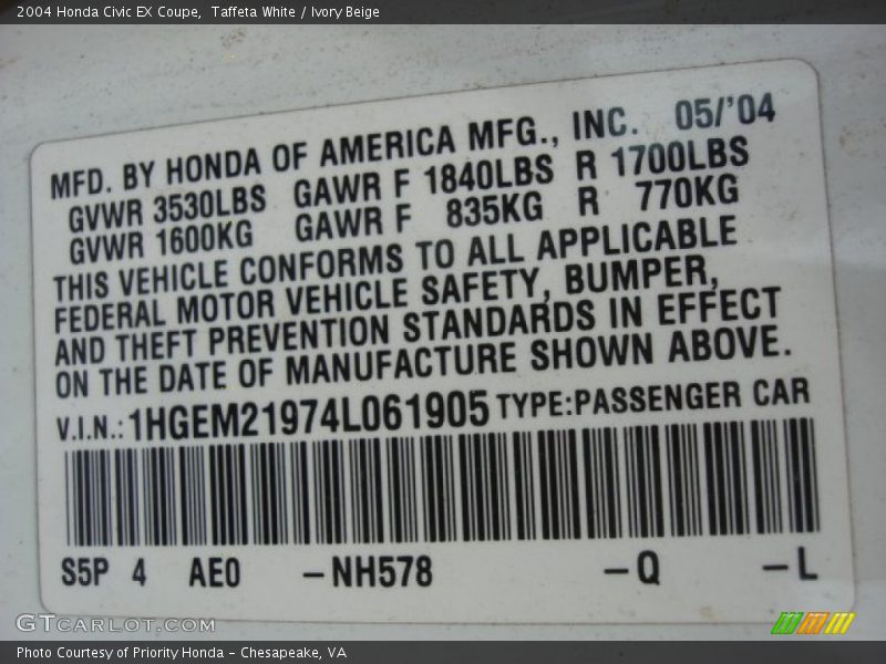 2004 Civic EX Coupe Taffeta White Color Code NH578