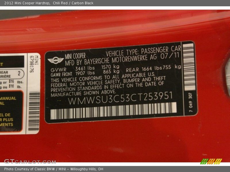 Chili Red / Carbon Black 2012 Mini Cooper Hardtop