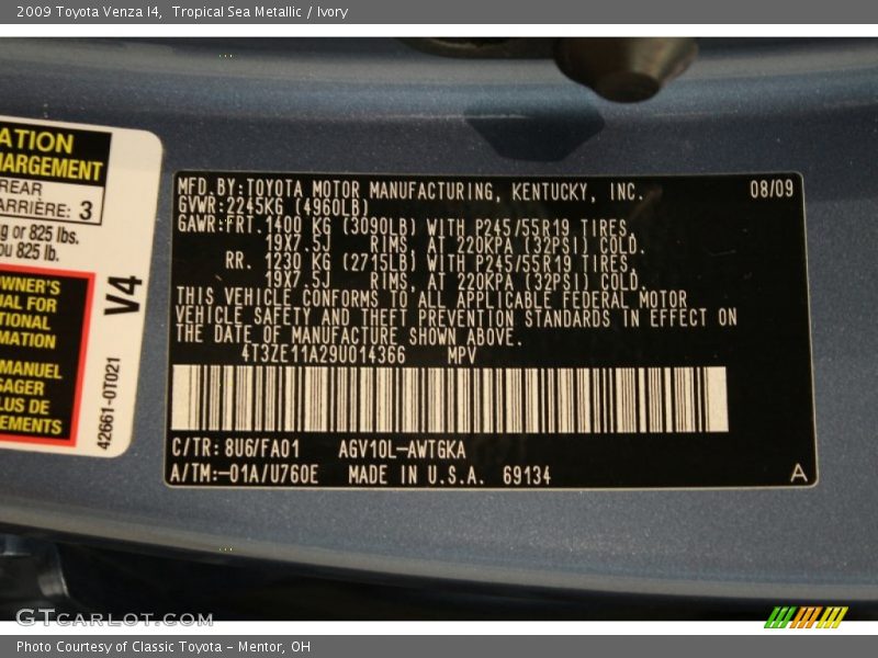 Tropical Sea Metallic / Ivory 2009 Toyota Venza I4